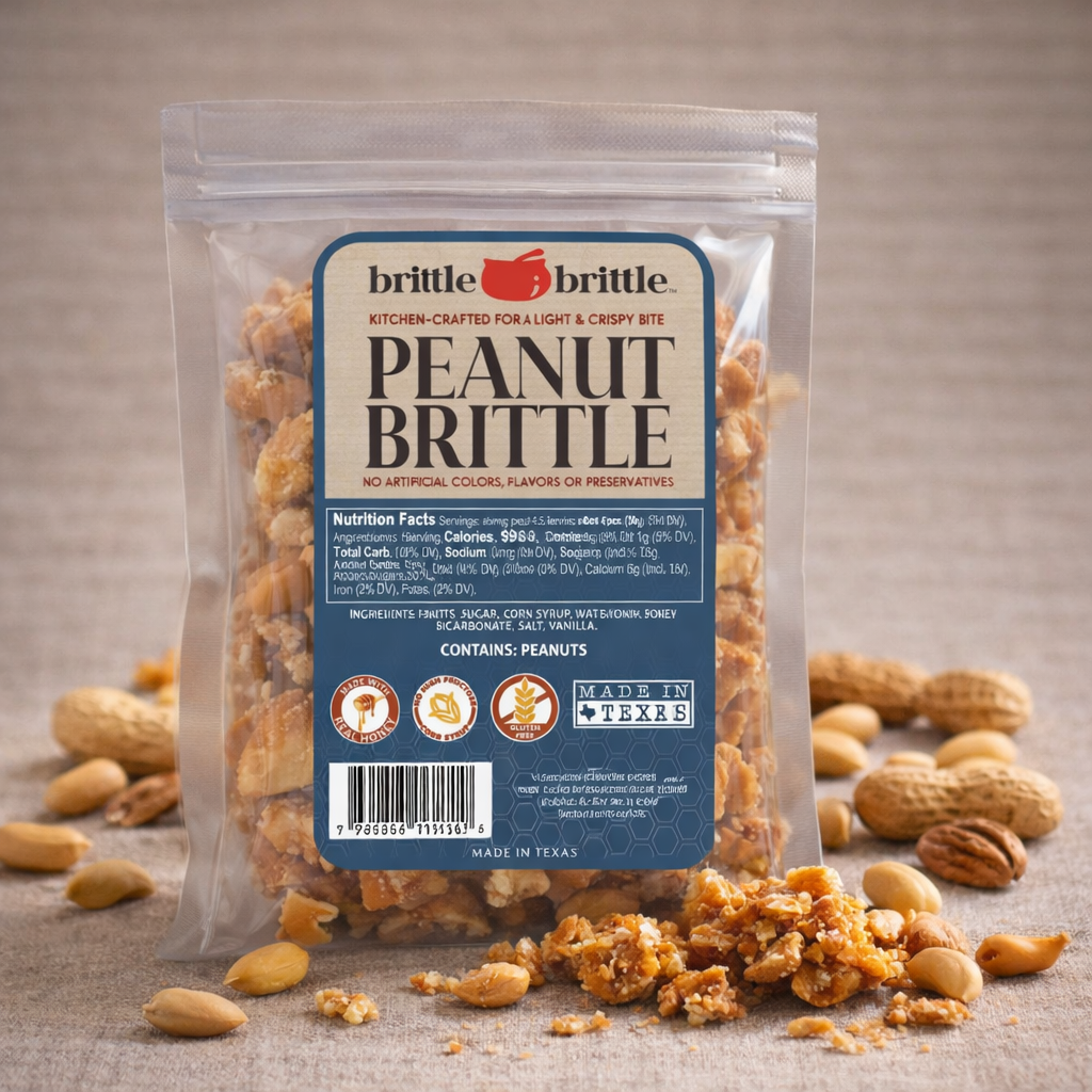 Packaged peanut brittle with a visible brand label on a textured surface.