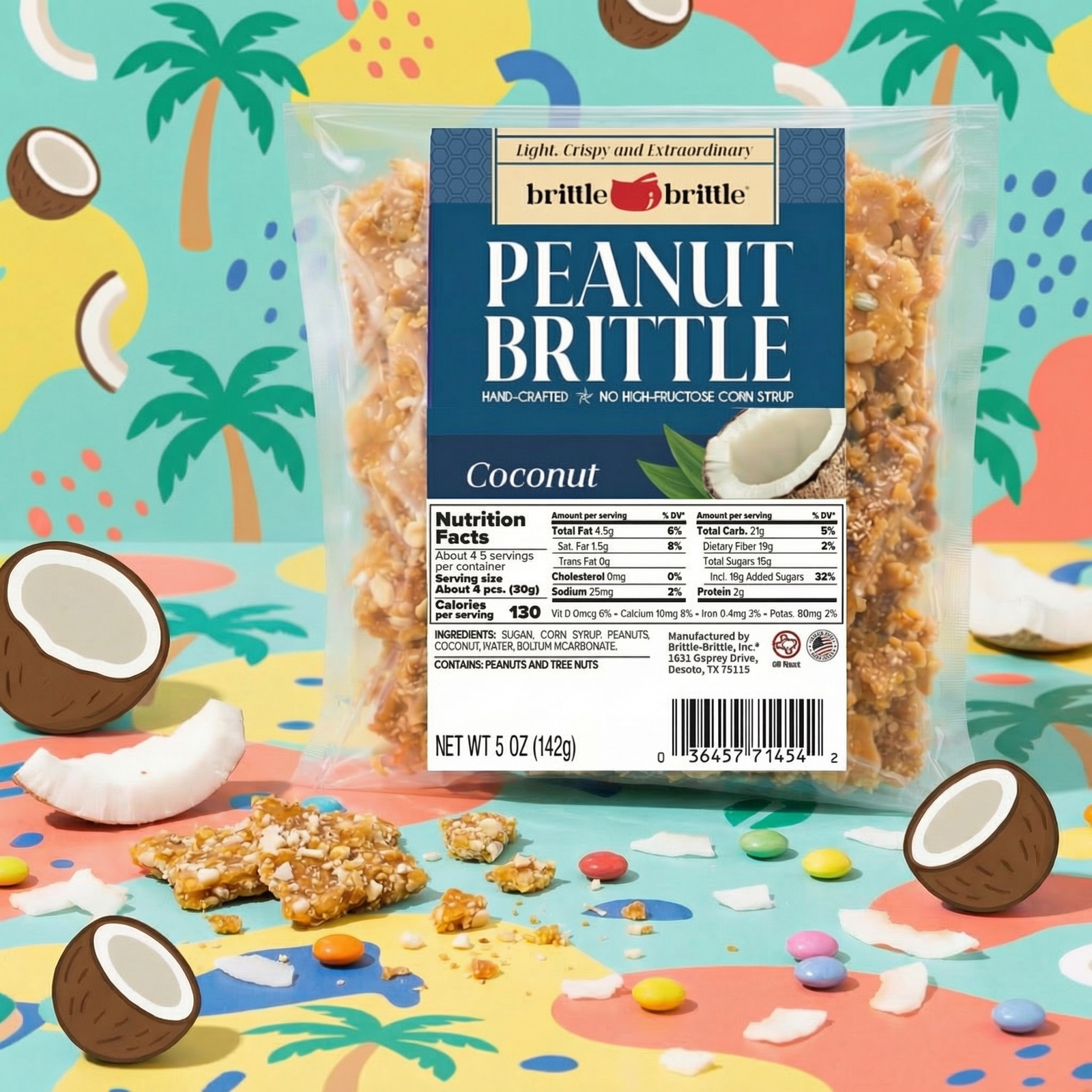 Packaged peanut brittle with coconut flavor on a colorful background with coconuts and palm trees.