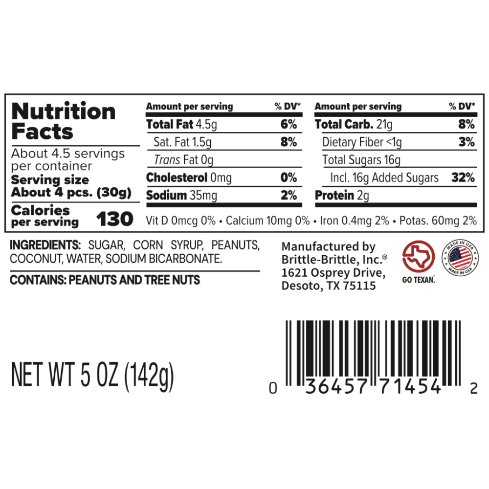 Nutrition label and ingredients list on a white background