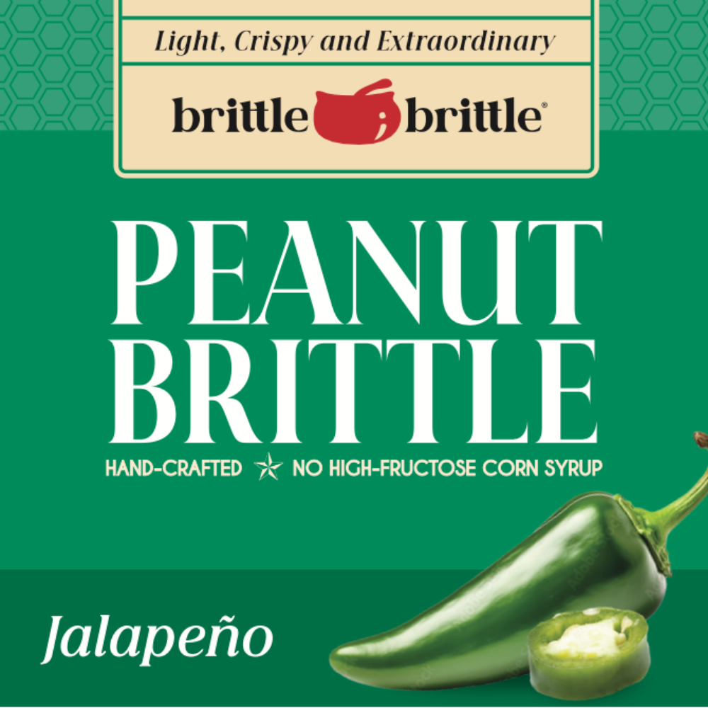 Jalapeño peanut brittle packaging with brand logo and product name on a green background.