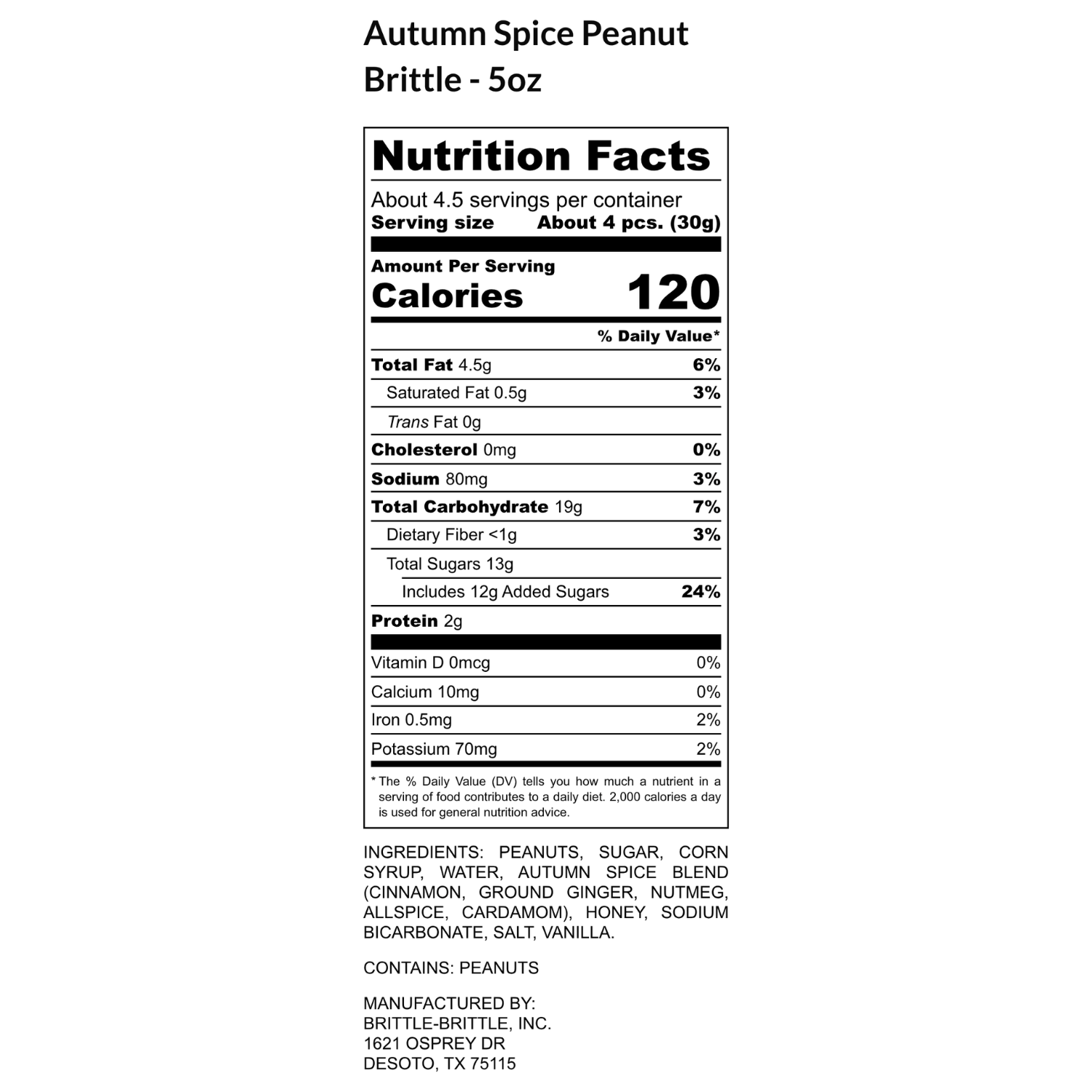 Autumn Spice Nutrition Facts 5 oz Bag