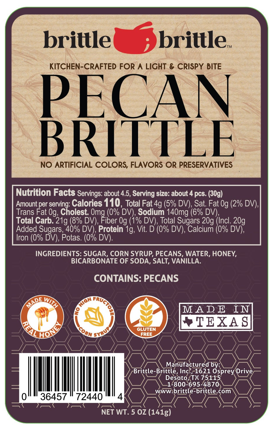 Label of Pecan Brittle with nutritional information and branding details.