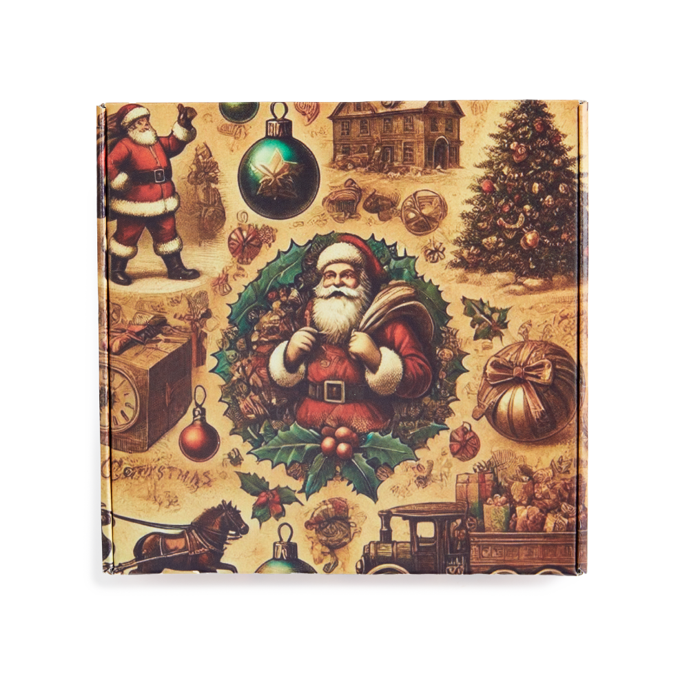 he Sweet Tradition Gift Box from Brittle-Brittle, printed Santa holiday gift box