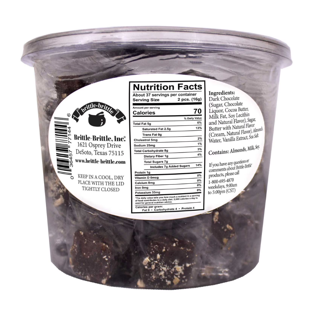 Container of brittle with a nutrition facts label on a white background