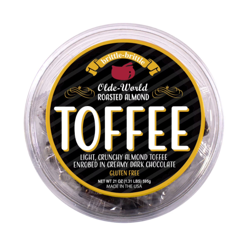 Container of Drible-Brite Olde-World Roasted Almond Toffee with black and yellow label.