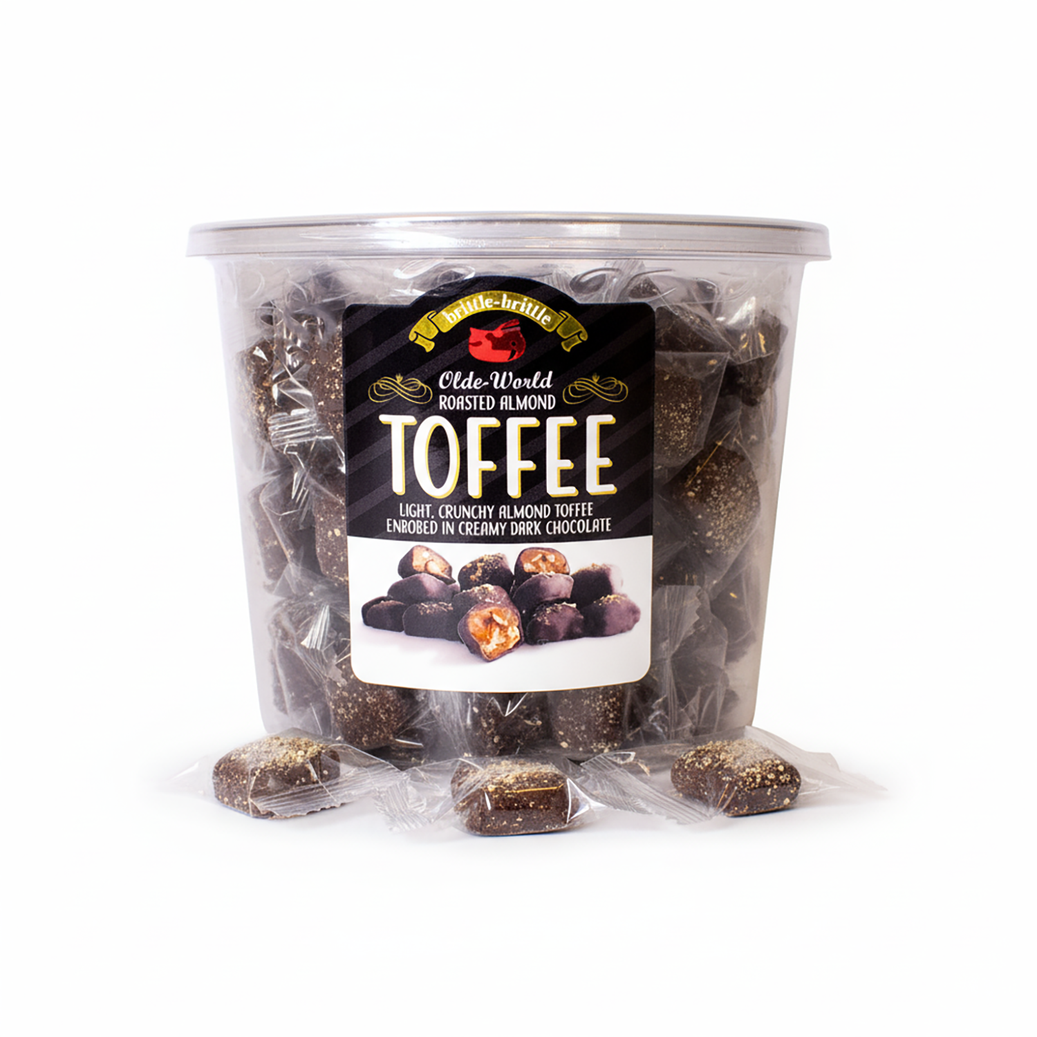 Container of Old World Toffee with a clear lid on a white background