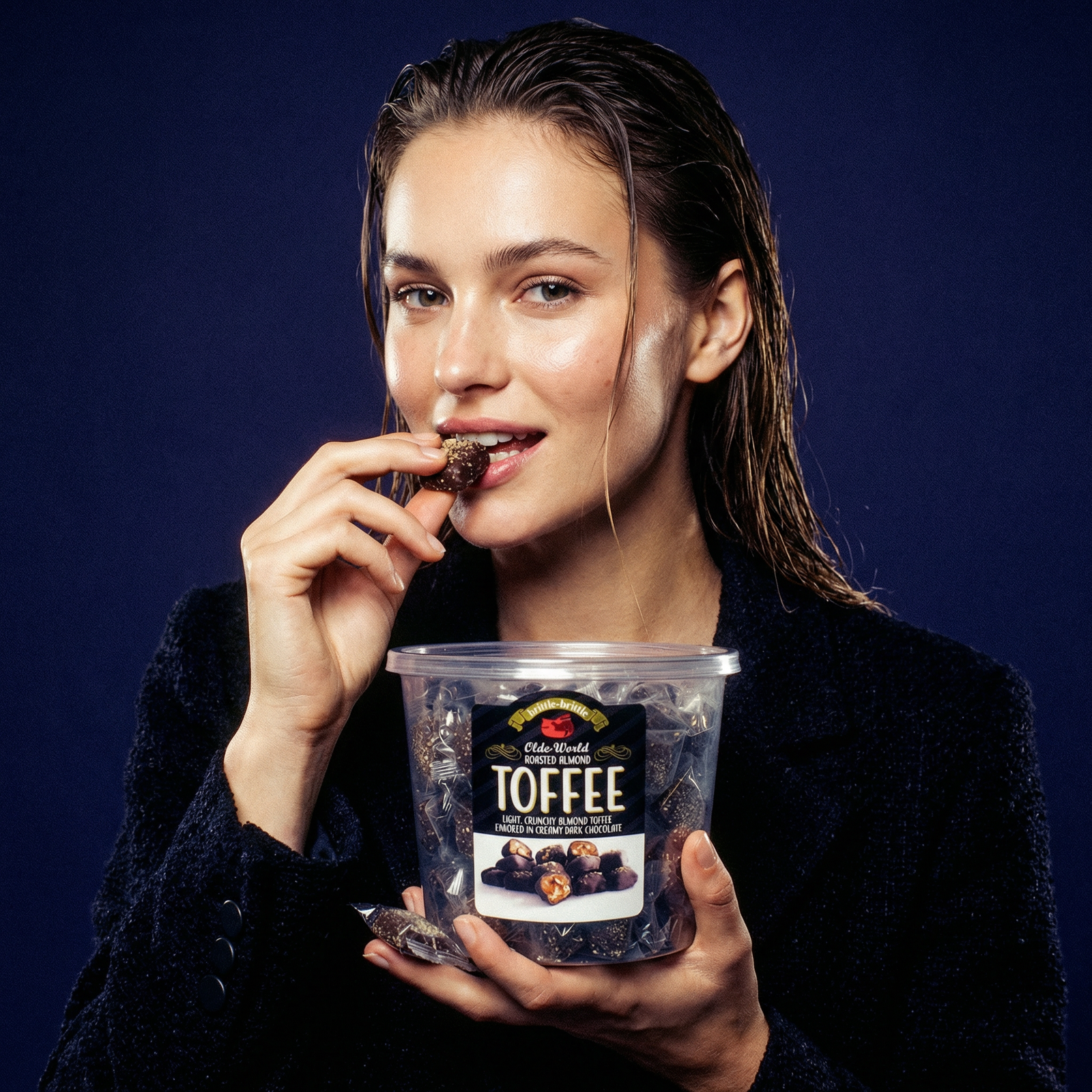 Woman holding a container of Old World Toffee against a dark background