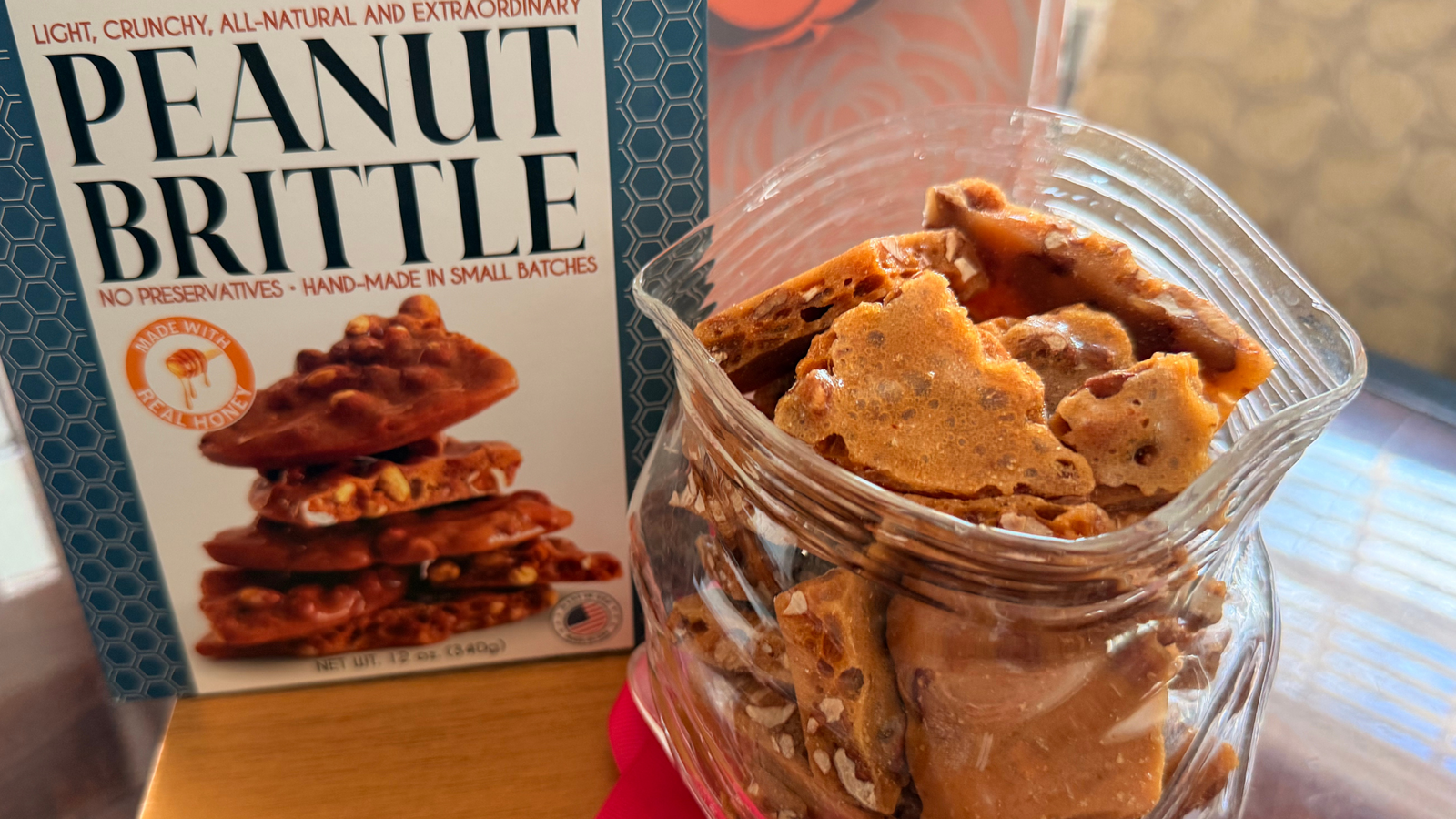 Peanut Brittle bix and brittle in a glass jar
