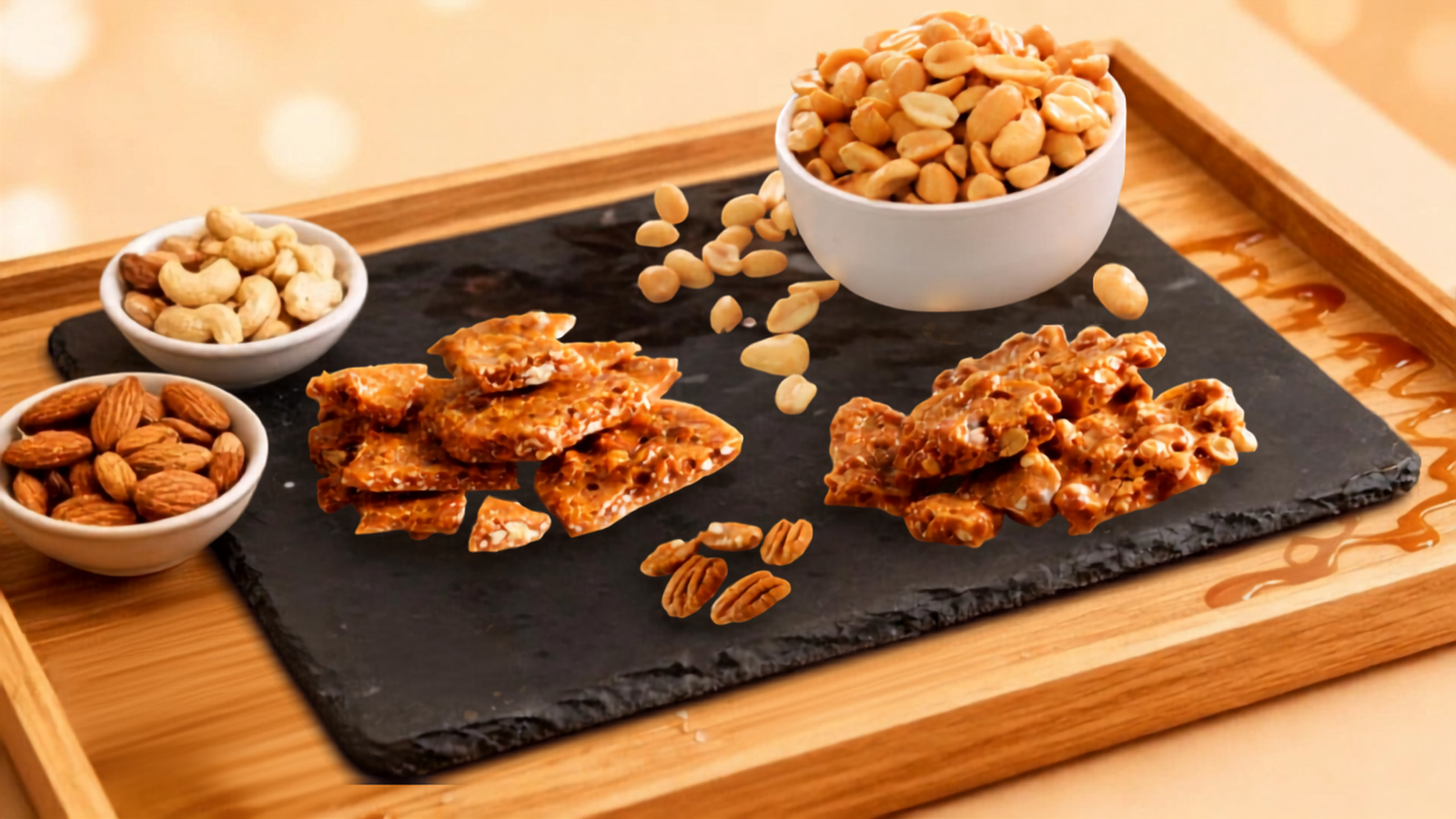 Board filled with peanut brittle and pecan brittle surrounded by cups of almonds, cashews and peanuts with peanuts and pecans scattered on the board and a drizzle of real honey.