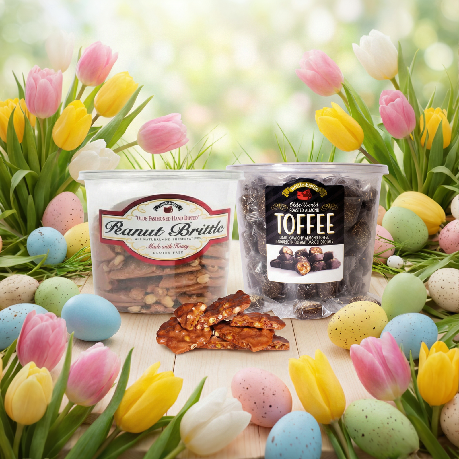Two containers of toffee and peanut brittle with decorative elements on a white background.