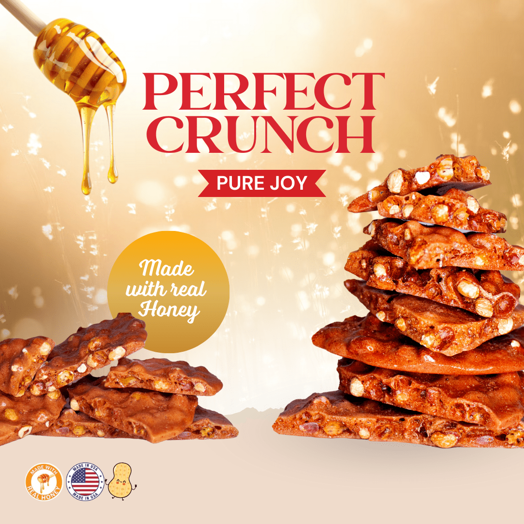 Perfect Crunch - Shop Now.  Made with real honey.  A stack of peanut brittle.