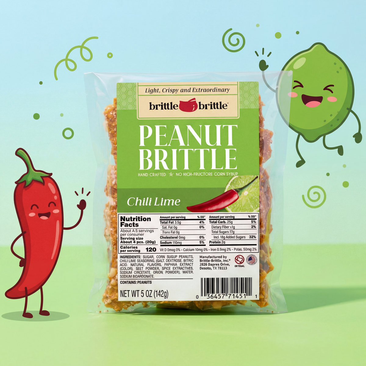 Packaged peanut brittle with a cartoon chili pepper and lime on a colorful background