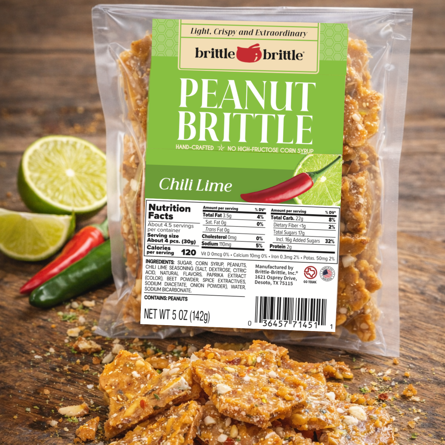 Chili Lime Peanut Brittle – Sweet Heat with a Zesty Crunch (5 oz)