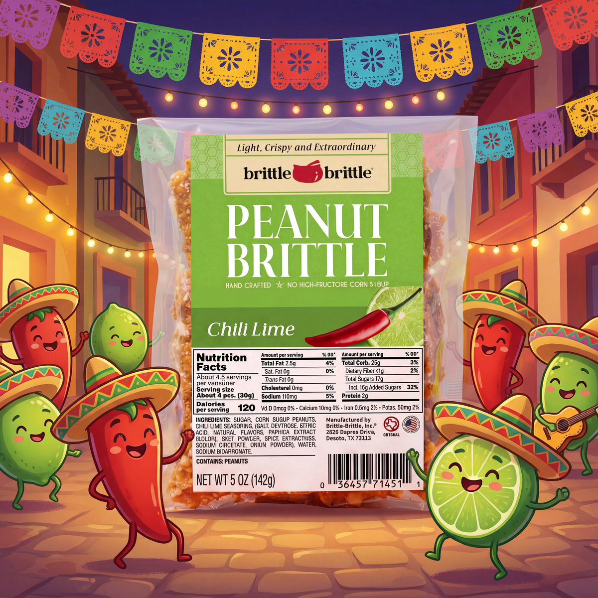 Peanut brittle package with colorful characters on a festive street background