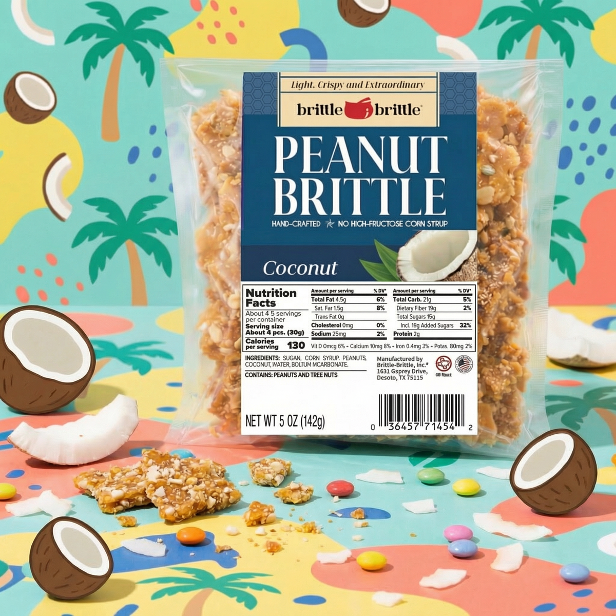 Packaged peanut brittle with coconut flavor on a colorful background with coconuts and palm trees.