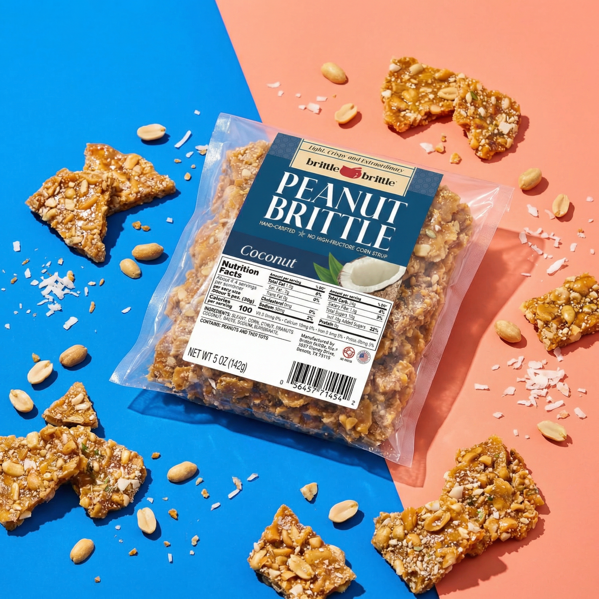 Packaged Peanut Brittle with coconut pieces on a colorful background
