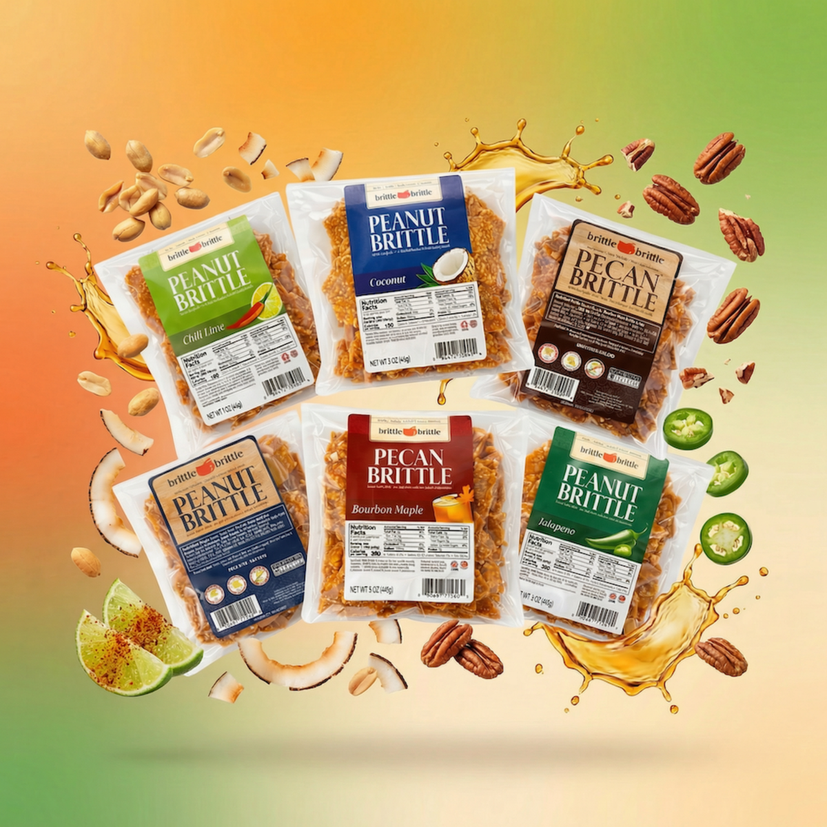 Packages of peanut brittle with various flavors on a colorful gradient background