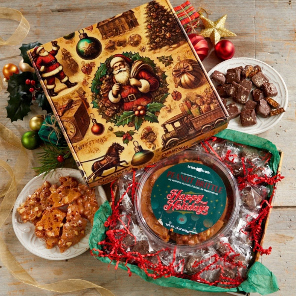 Sweet Tradition Gift Box open with a 12 oz peanut brittle tub and individually wrapped almond toffee