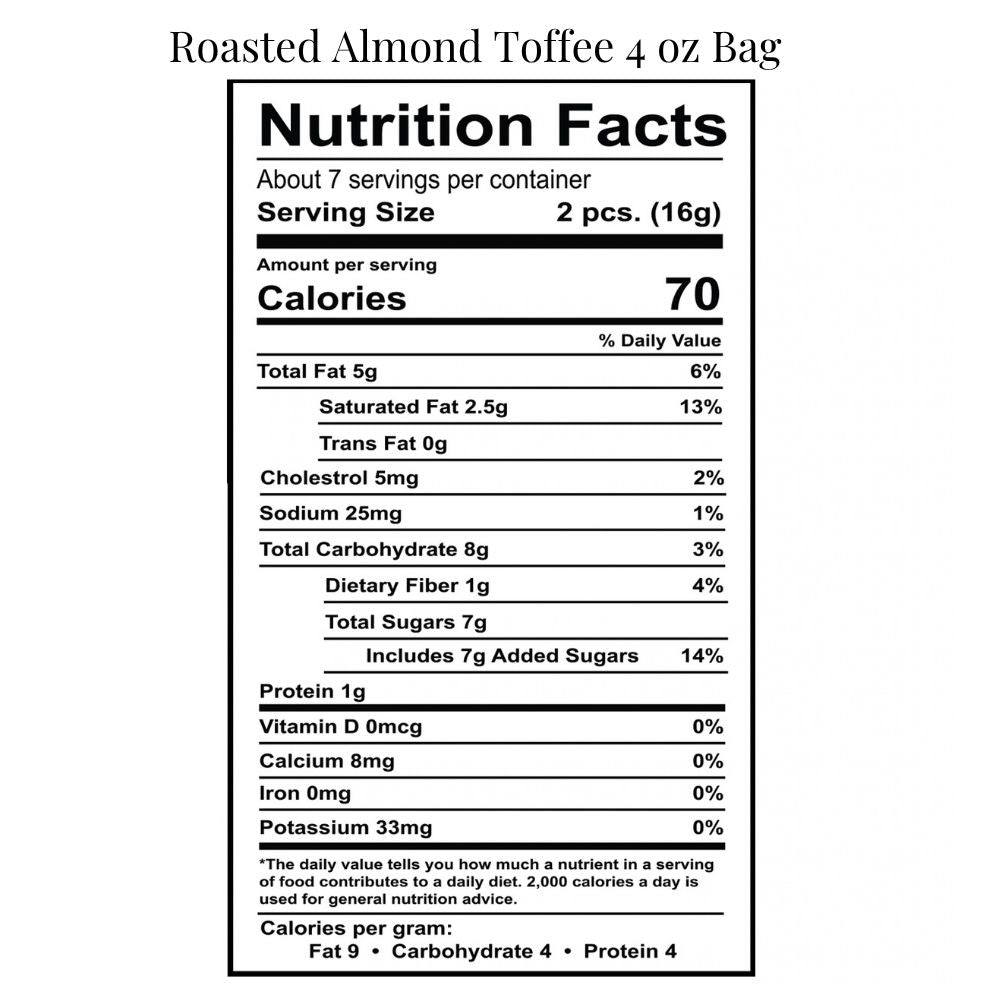 Nutrition Facts for Brittle-Brittle Roasted Almond Toffee, 4 oz bag: about 7 servings, serving size 2 pieces (16g), 70 calories, 5g total fat, 2.5g saturated fat, 8g carbohydrates, 7g added sugars, 1g protein.