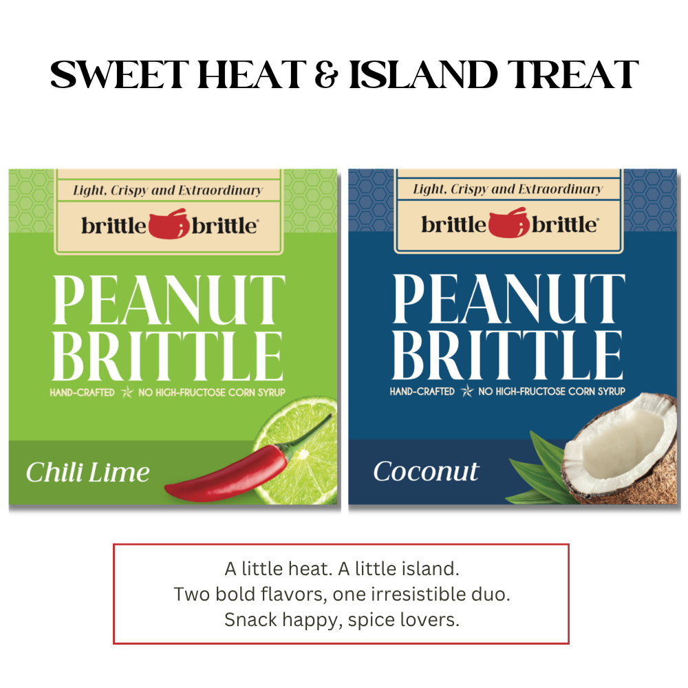 Two packages of Brittle Peanut Brittle shown side by side on a white background, with the headline 'SWEET HEAT & ISLAND TREAT' above and a flavor description box below. The left package is green and labeled Chilli Lime, and the right package is dark blue and labeled Coconut.