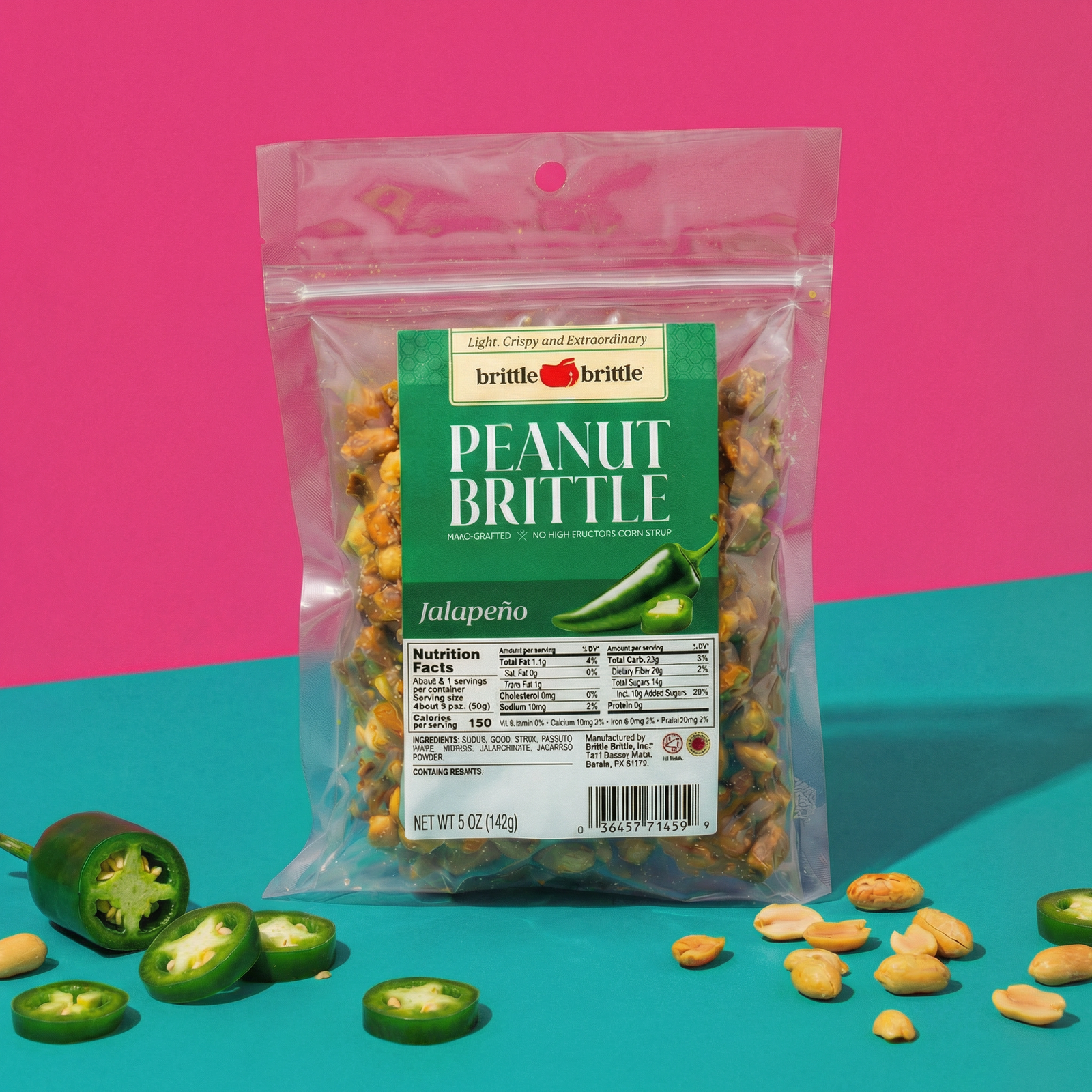 Packaged jalapeño peanut brittle with a pink and blue background