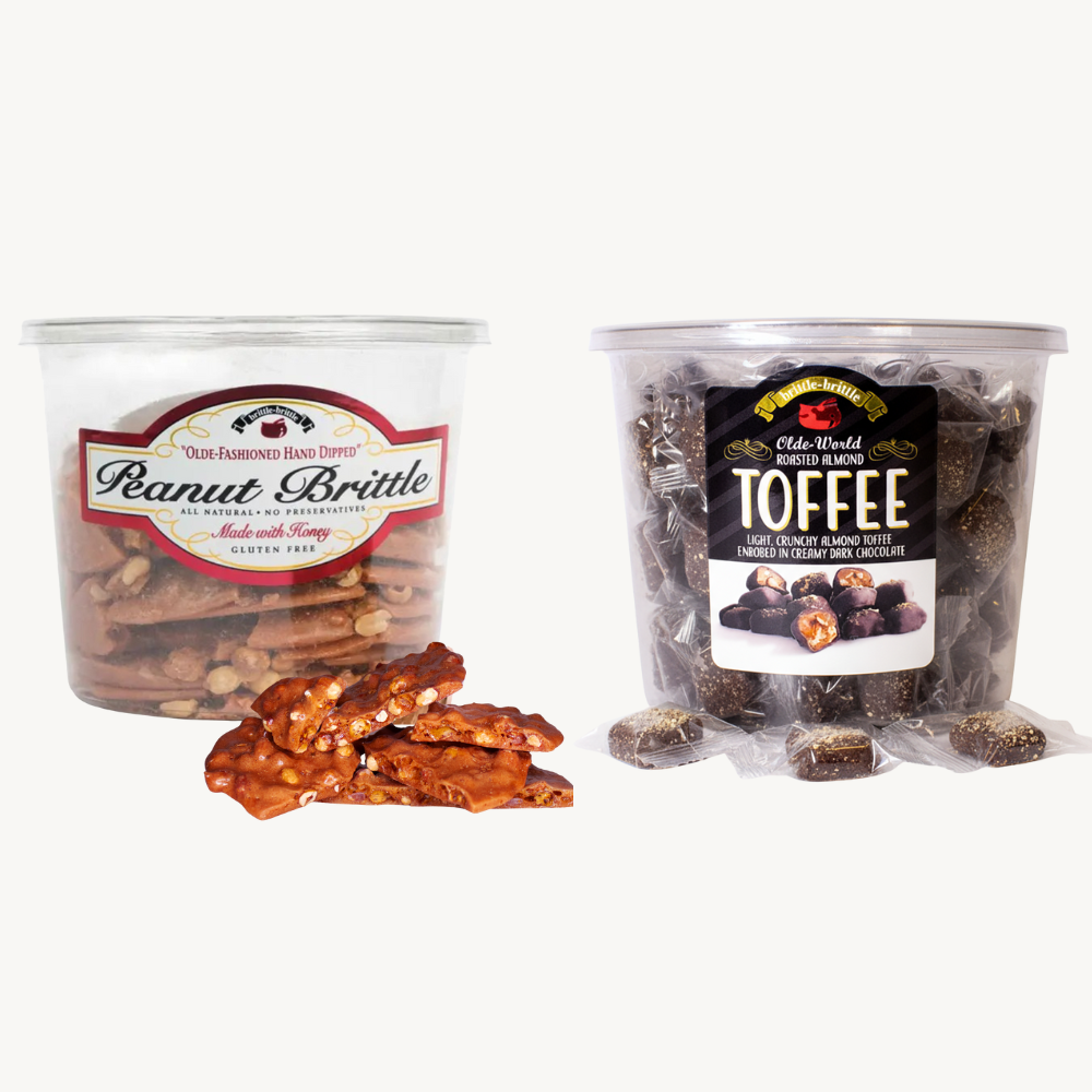 Two containers of Old Fashioned Candy Co. Peanut Brittle and Toffee on a white background